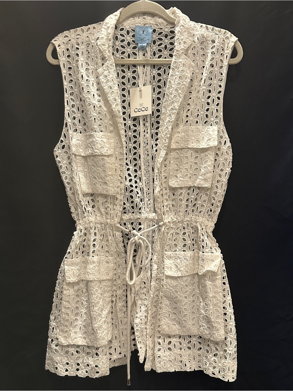 CeCe White Eyelet Lace Sleeveless Utility Vest - Picture 2 of 9